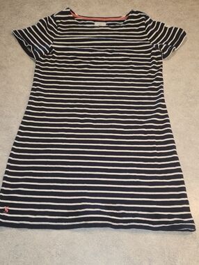 Joules Navy and White Striped Tee with Coral Trim